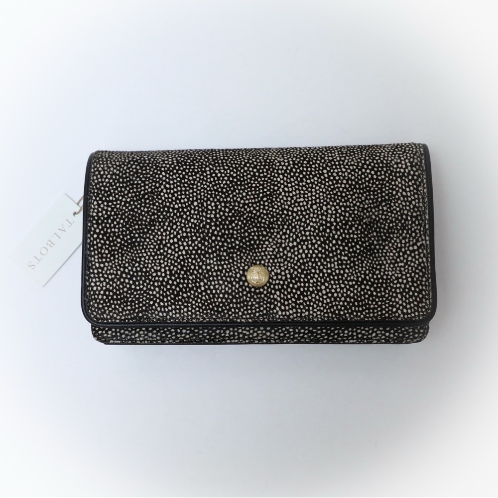 NWT Talbots Cow hair genuine leather clutch purse new small speckled black